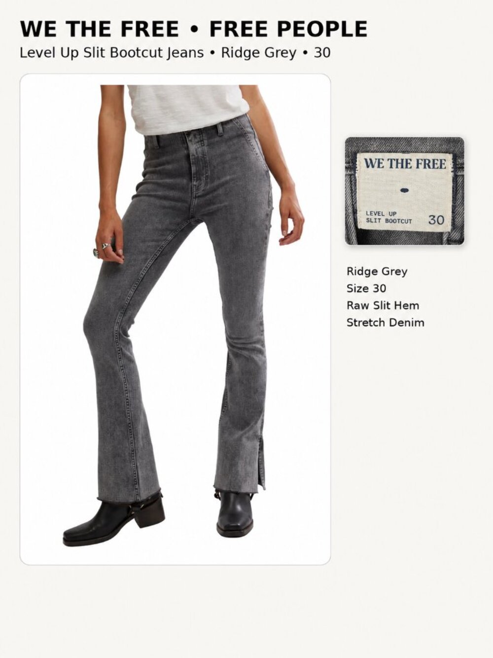 Free People We The Free Level Up Slit Bootcut Jeans Ridge Grey Size 30
